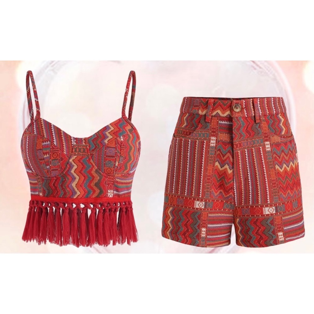 Shop Cider Boho Geometric Top & Mini Shorts Set - Medium